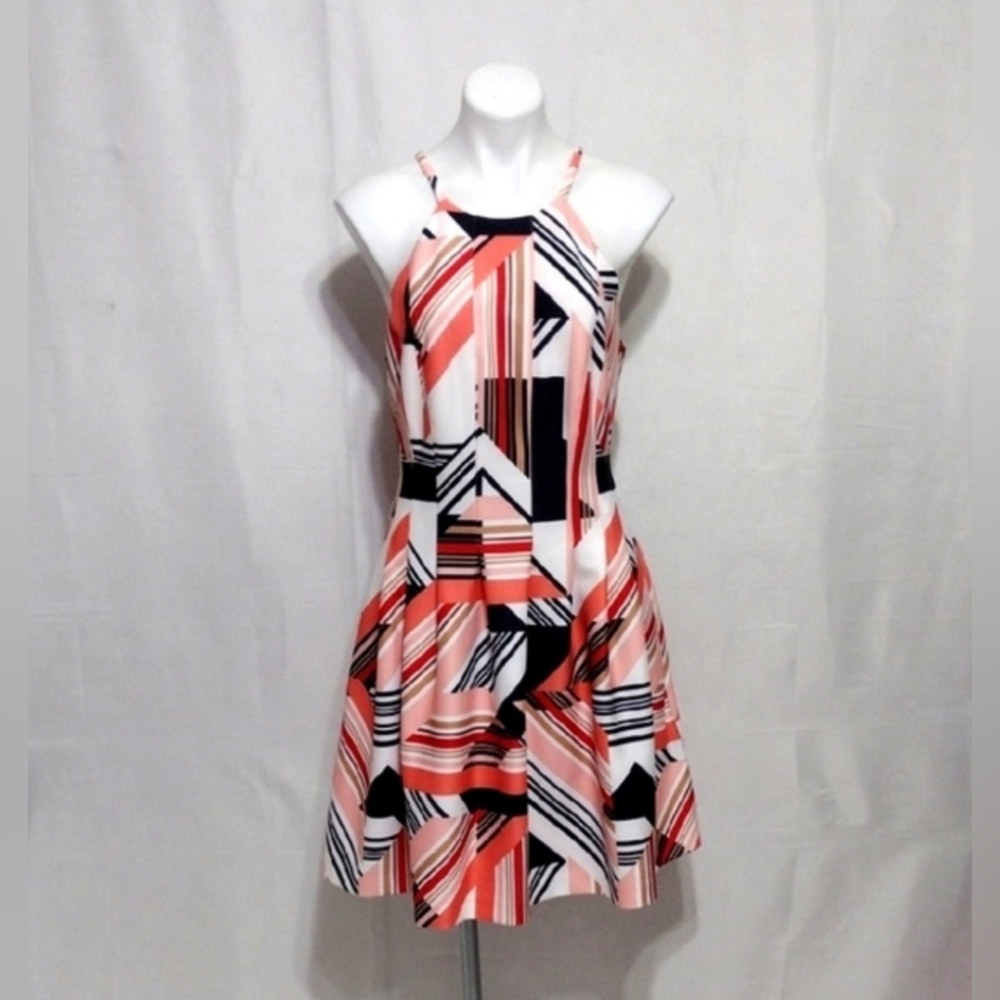 Vince Camuto Geometric Halter Fit & Flare Wedding Guest Cocktail Party Dress 12